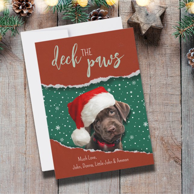 Festive Chocolate Labrador Santa Hat Holiday Card (Deck the Paws card. A dog peeking out of a torn paper, looks so cute and festive! Happy Holidays!)