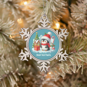 Festive Christmas add message penguin  Snowflake Pewter Christmas Ornament