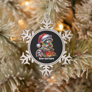 Festive Christmas add message raccoon Snowflake Pewter Christmas Ornament