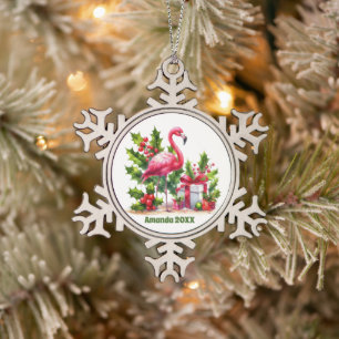 Festive Christmas add name date pink flamingo Snowflake Pewter Christmas Ornament