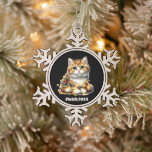 Festive Christmas add name year cat Snowflake Pewter Christmas Ornament