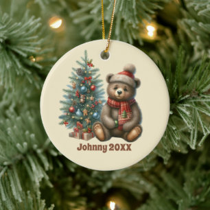 Festive Christmas add name year message bear  Ceramic Ornament