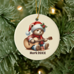 Festive Christmas add name Year message bear Ceramic Ornament