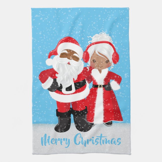 Festive Christmas African American Santa add name Kitchen Towel (Vertical)