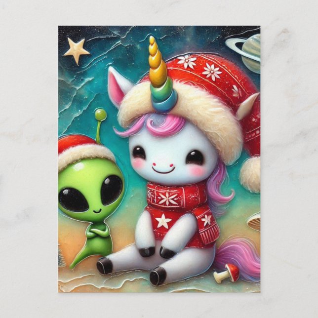 Festive Christmas Alien and Unicorn Postcard (Front)