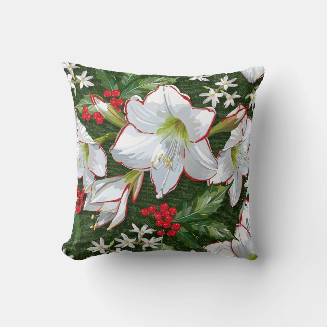 Festive Christmas Amaryllis + Holly Pattern Throw Pillow (Front)