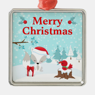 Festive Christmas Arctic Fox & Winter Scene Metal Ornament