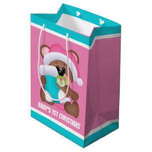 Festive Christmas baby girl bear first party Medium Gift Bag