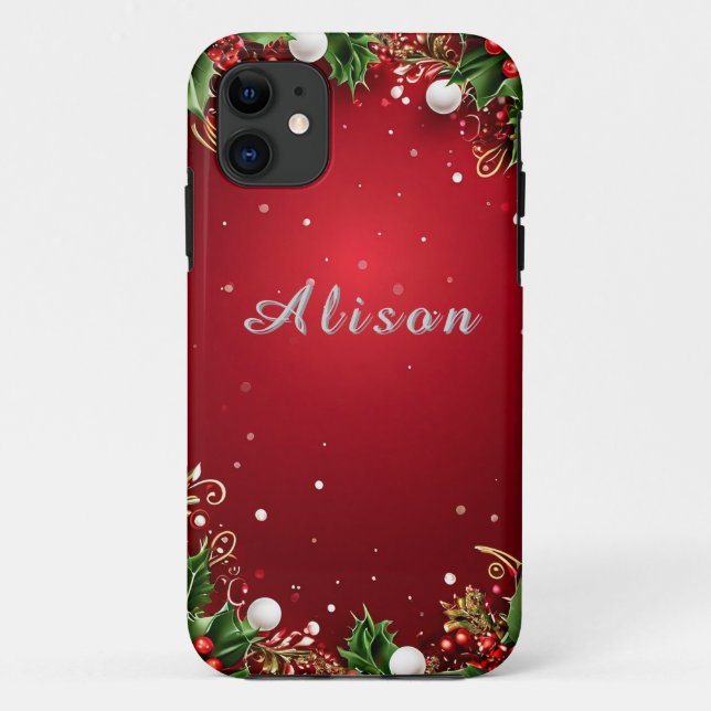 Festive Christmas Background with Holly, Berries Case-Mate iPhone Case (Back)