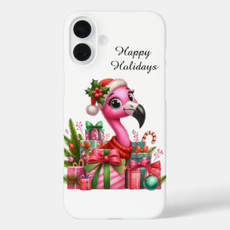 Festive Christmas beach customizable pink flamingo iPhone 16 Plus Case