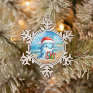 Festive Christmas beach dolphin  Snowflake Pewter Christmas Ornament
