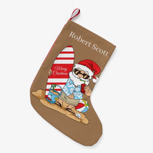 Festive Christmas Beach Santa add name Small Christmas Stocking (Front (Hanging))