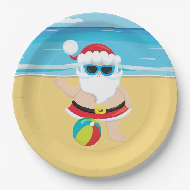 Festive Christmas beach Santa Holiday Paper Plate (Front)