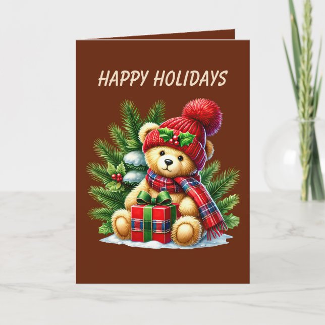 Festive Christmas bear add message  Holiday Card (Front)