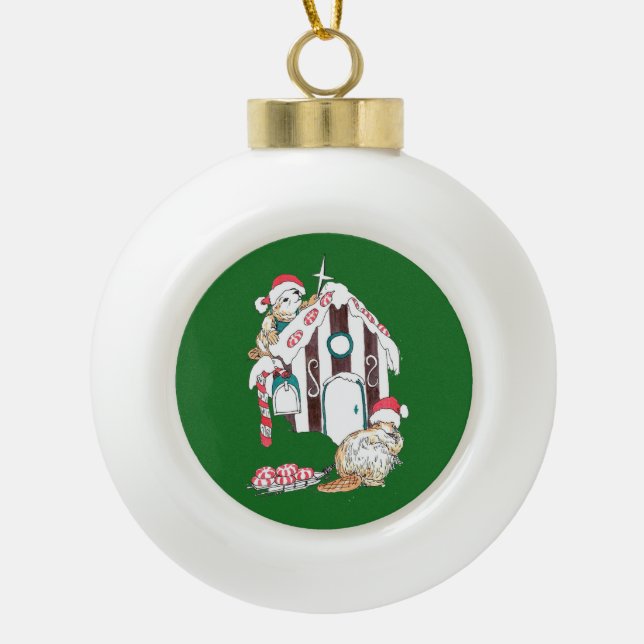 Festive Christmas Beaver Decorating Chalet Ceramic Ball Christmas Ornament (Front)
