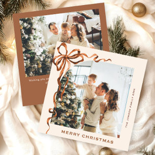 Festive Christmas Beige Boho Bow Ribbon 2 Photo Holiday Card