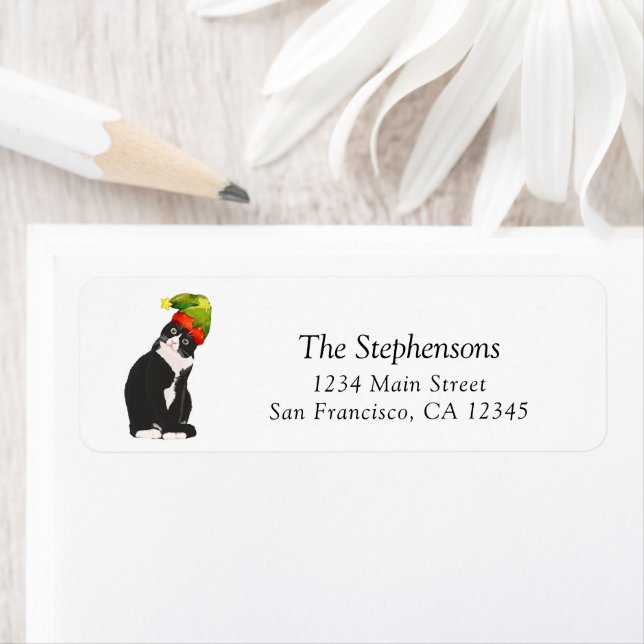 Festive Christmas Black White Cat Return Address  (Insitu)