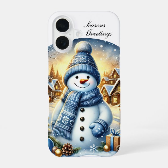 Festive Christmas blue snowman customizable iPhone 16 Case (Back)