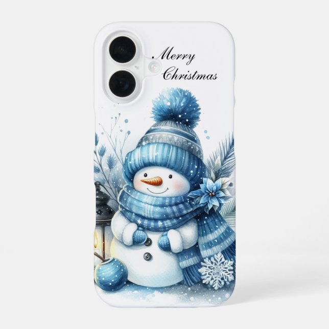 Festive Christmas blue snowman customizable  iPhone 16 Case (Back)