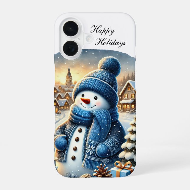 Festive Christmas blue snowman customizable  iPhone 16 Case (Back)