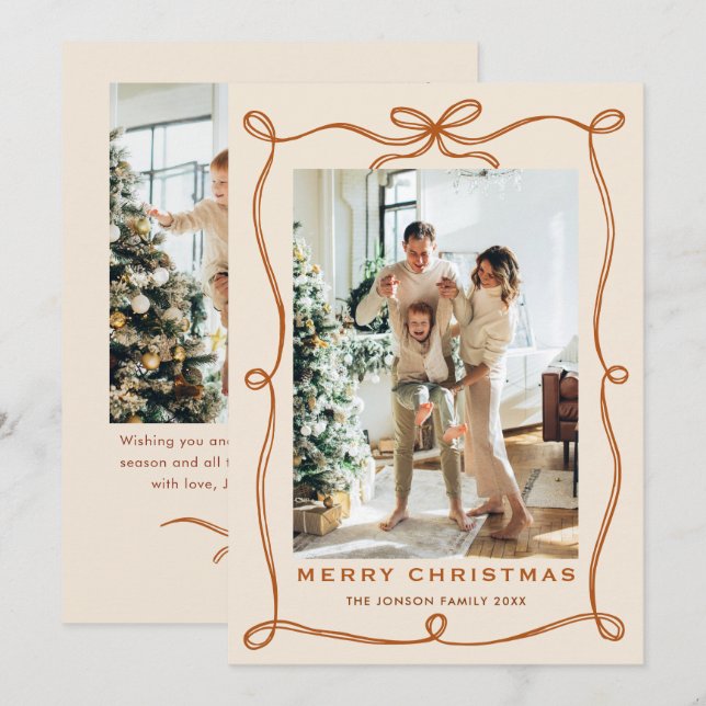 Festive Christmas Boho Beige Bow Ribbon 2 Photo Holiday Card (Front/Back)