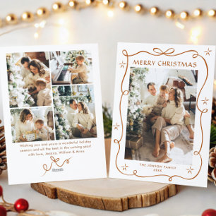Festive Christmas Boho Beige Bow Ribbon 5 Photo Holiday Card