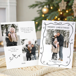 Festive Christmas Boho Black Bow Ribbon 3 Photo Holiday Card