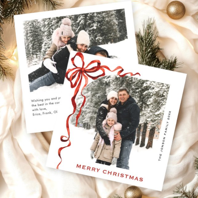 Festive Christmas Boho Red Bow Ribbon 2 Photo Holiday Card (Creator Uploaded)