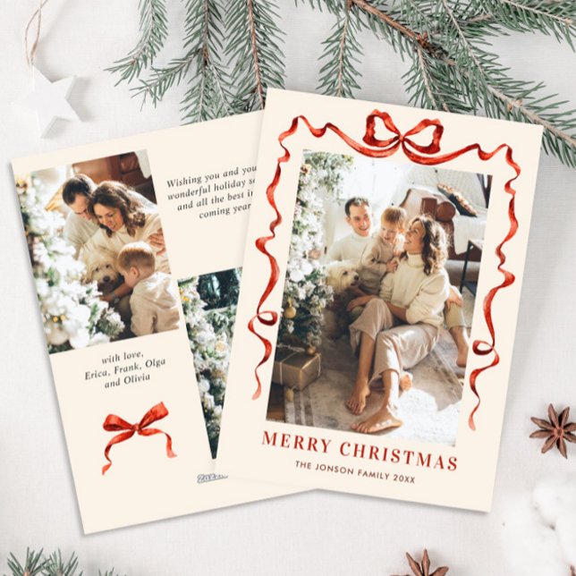 Festive Christmas Boho Red Bow Ribbon 5 Photo Holiday Card (Creator Uploaded)