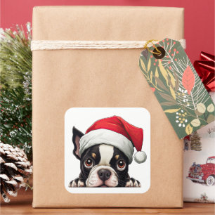 Festive Christmas Boston Terrier Square Sticker