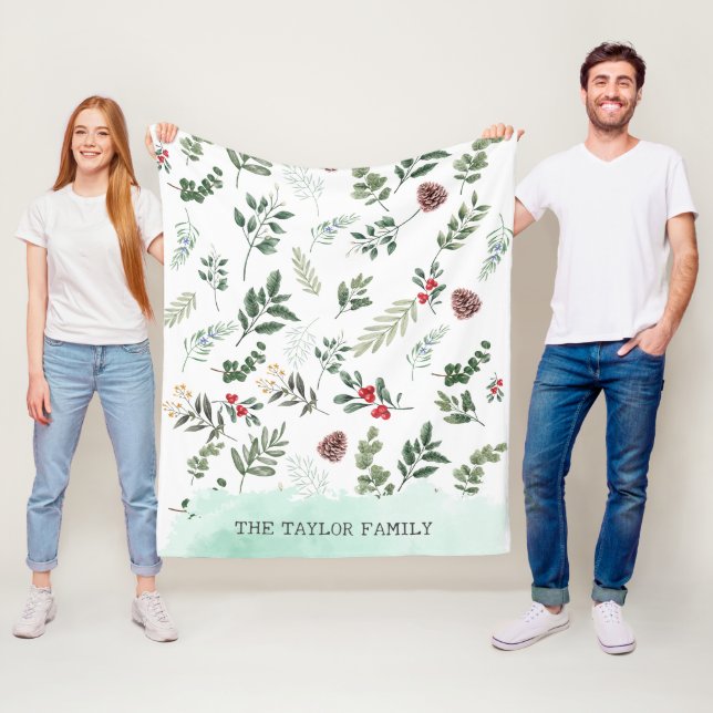 Festive Christmas Botanical Floral Holiday Fleece Blanket (In Situ)