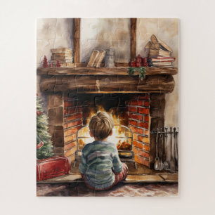 festive Christmas boy fireplace watercolor  Jigsaw Puzzle