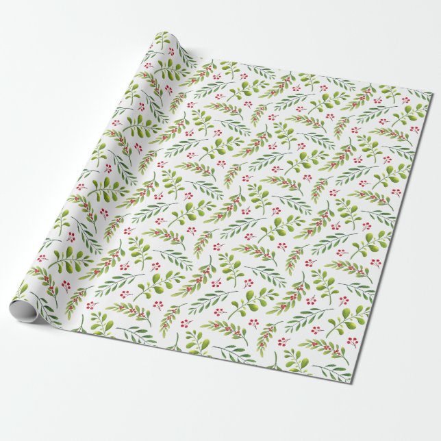 Festive Christmas Branches and Berries Wrapping Paper (Unrolled)