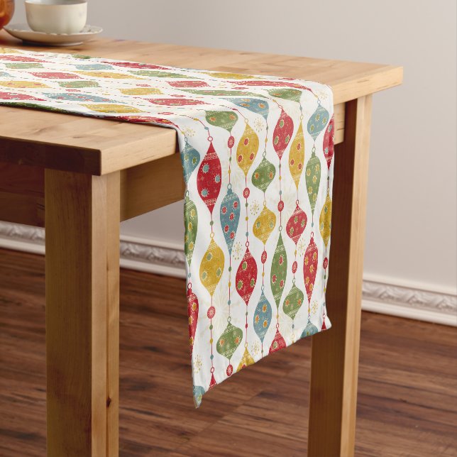Festive Christmas Bulbs Pattern, Retro Ornaments Short Table Runner (In Situ)