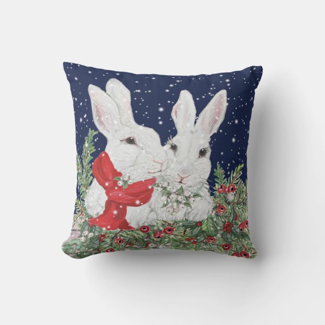 Festive Christmas Bunny Rabbit Art Winter Holiday Throw Pillow (Front)
