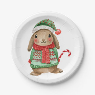 Festive christmas bunny with candy cane paper plate
