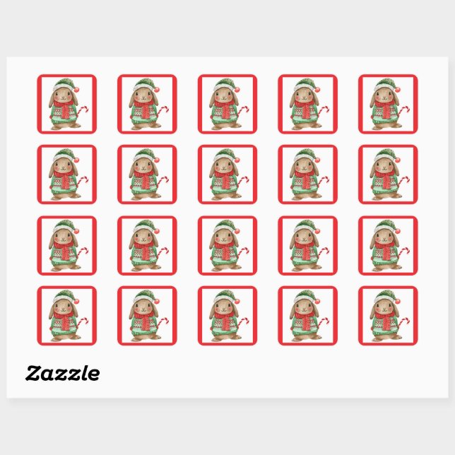Festive christmas bunny with candy cane square sticker (Sheet)
