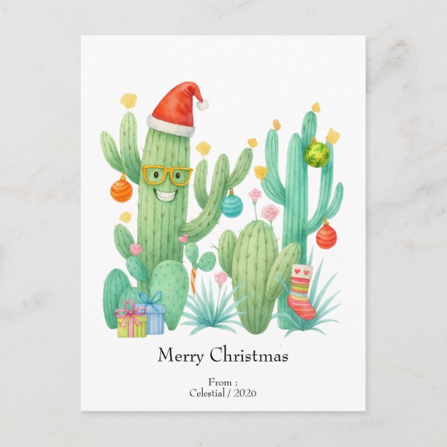 Festive Christmas Cactus with Santa Hat & Ornament Postcard (Front)