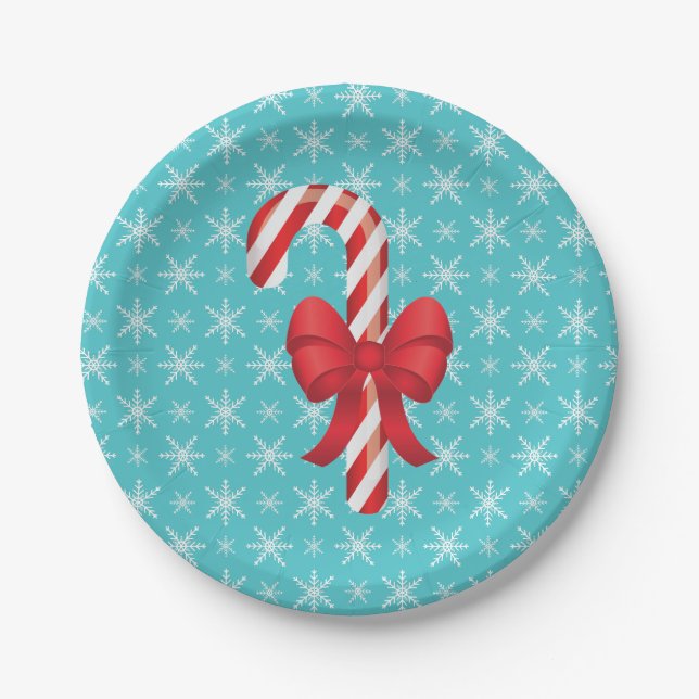 Festive Christmas Candy Cane With A Bow Paper Plate (Front)
