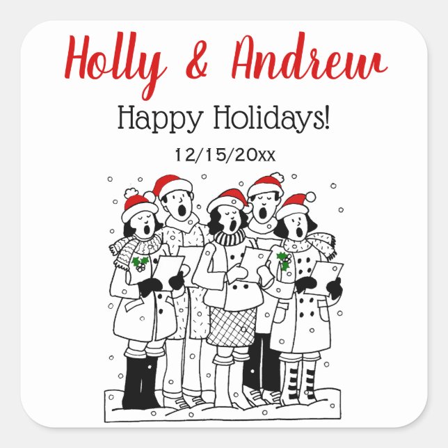 Festive Christmas Carolers with Snow Xmas Square Sticker (Front)