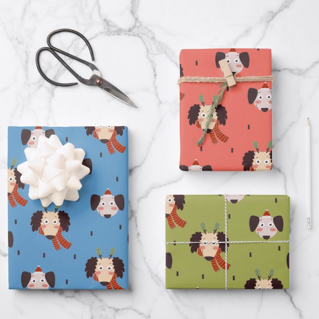 Festive Christmas Cartoon Dogs Wrapping Paper Sheet (Front)