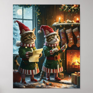 Festive Christmas Cat Elves Preparing for Santa Poster