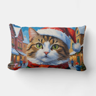 Festive Christmas Cat in Santa Hat Lumbar Pillow