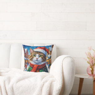 Festive Christmas Cat in Santa Hat Throw Pillow