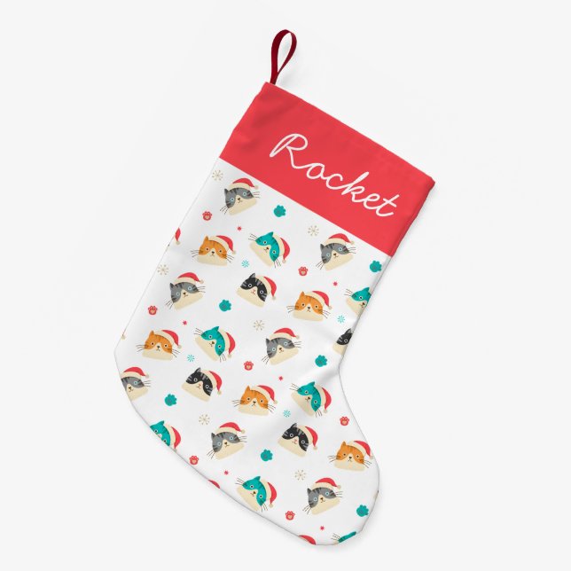 Festive Christmas Cats Pattern Personalized Small Christmas Stocking (Front (Hanging))