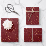 Festive Christmas Celestial Moon & Stars  Wrapping Paper Sheet<br><div class="desc">A celestial moon and stars design against a festive deep red background,  an ideal gift wrap for the Christmas holiday season.</div>