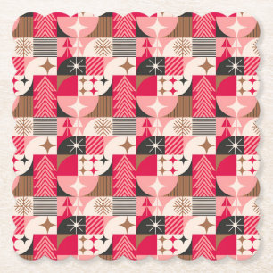 Festive Christmas Collage Of Gifts, Trees, Ornamen Paper Coaster