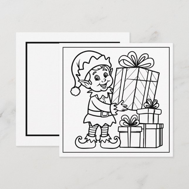 Festive Christmas colouring elf Holiday Card (Front/Back)