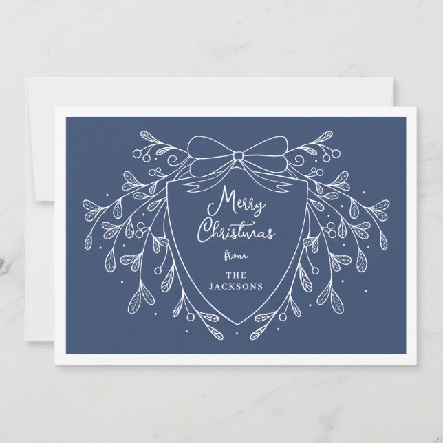 Festive Christmas crest mistletoe photo blue Holiday Card (Front)