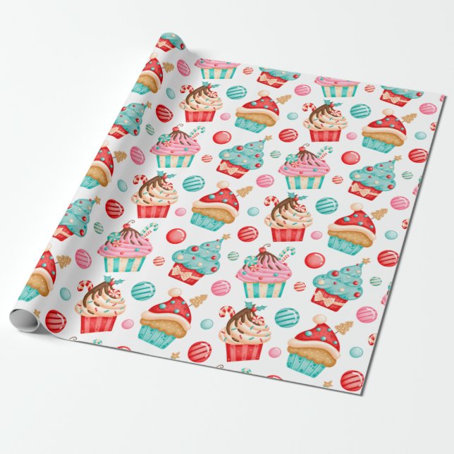 Festive Christmas Cupcakes and Christmas Candy Wrapping Paper (Unrolled)